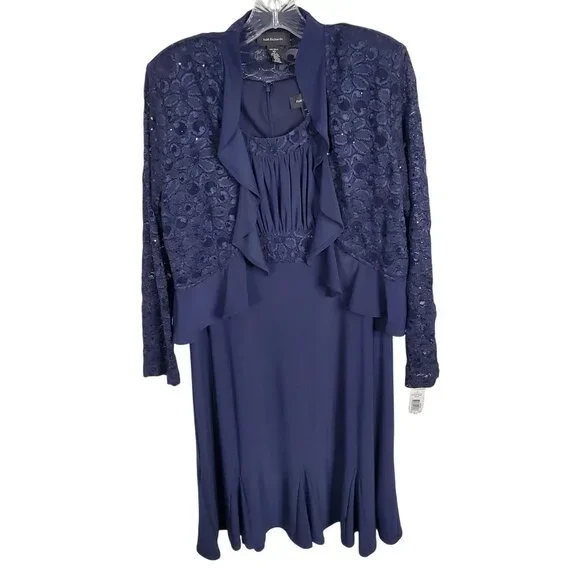 R&M Richards Size 10 Dress Jacket Set Event Formal Floral Lace Sequin Navy NWT - Picture 2 of 16